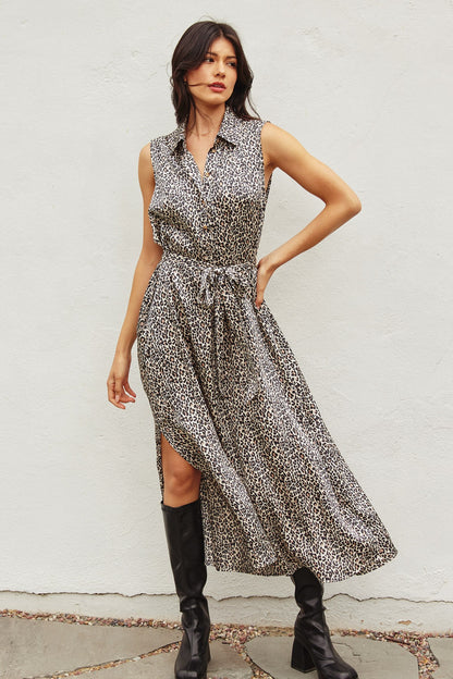 Modern Cheetah Sleeveless Longline Shirt Dress