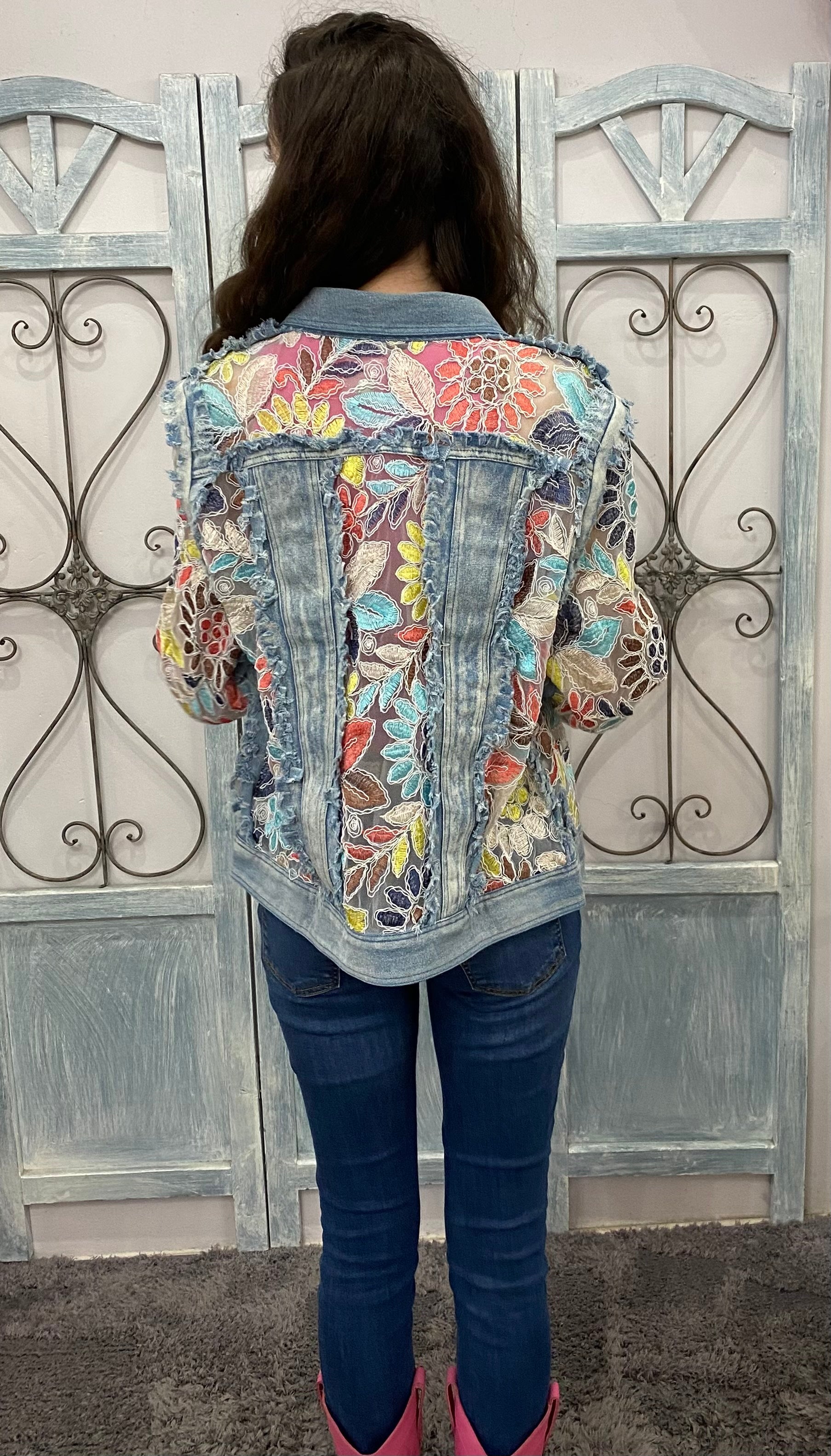 Azi Melissa Denim Floral Lace Jacket Large