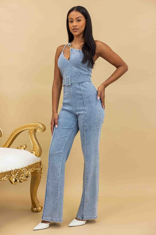 One Shoulder Denim Jumpsuit – Girls Downtown