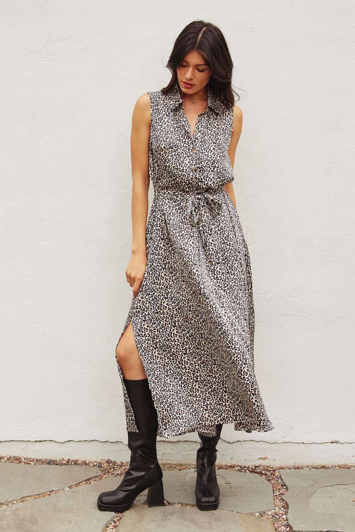 Modern Cheetah Sleeveless Longline Shirt Dress