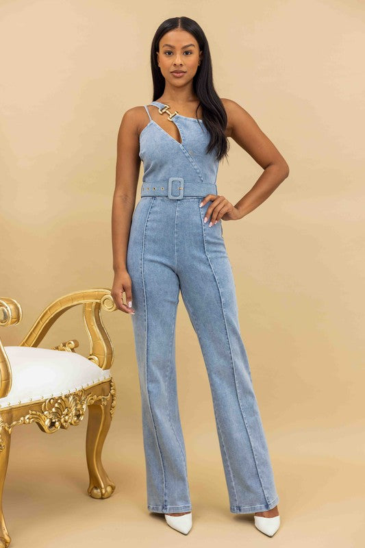 One Shoulder Denim Jumpsuit – Girls Downtown