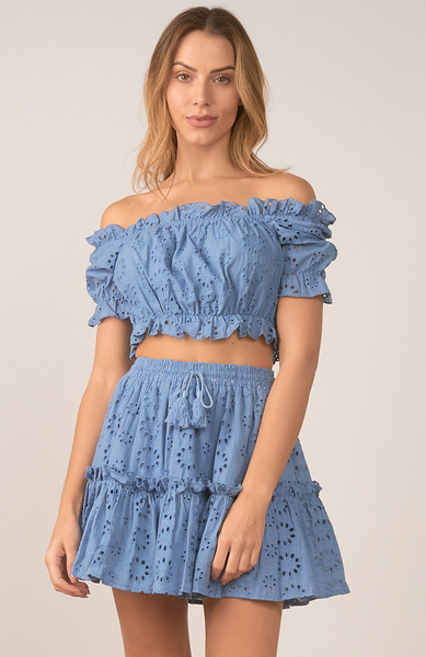 Blue Off the ShoulderEyelet Top